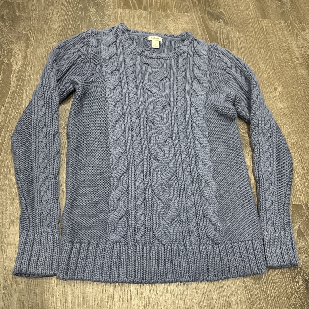 LL Bean Cable Knit Fisherman Cotton Crewneck Sweater Women's S Blue Pullover